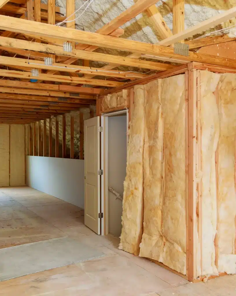 Isolation de construction : Ossature bois, laine de verre et mousse. Ossature bois en construction avec isolation en fibre de verre et mousse pulvérisée. Laine de verre posée sur les murs et porte intérieure.